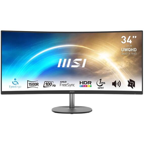 MSI PRO MP341CQDE – 34" UWQHD (3440x1440) im 21:9-Format, 1500R Curved, 100Hz, HD-Ready, 3000:1 Kontrast, neigbar, VESA-kompatibel, DP 1.2a, 2X HDMI 2.0b