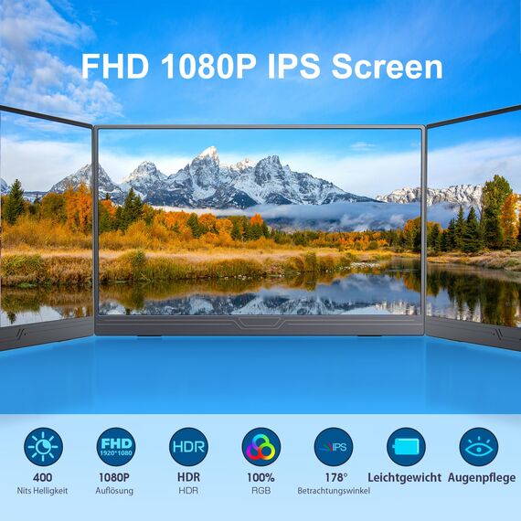 CUIUIC Portable Monitor, 15,6 Zoll Tragbarer Mobiler IPS Bildschirm, FHD 1920x1080 HDR USB C mit Type-C HDMI Anschluß, für Laptop/MacBook/PC/Xboxs/PS, mit Schutzhülle