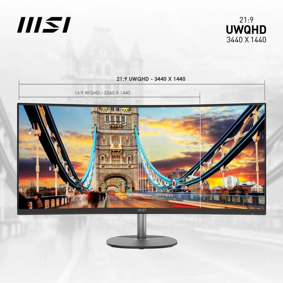 MSI PRO MP341CQDE – 34" UWQHD (3440x1440) im 21:9-Format, 1500R Curved, 100Hz, HD-Ready, 3000:1 Kontrast, neigbar, VESA-kompatibel, DP 1.2a, 2X HDMI 2.0b