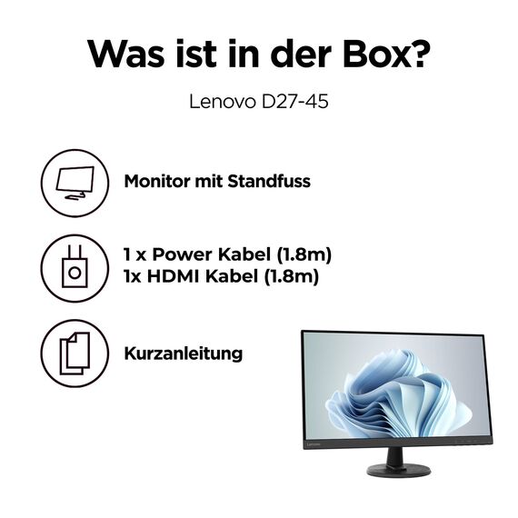Lenovo D27-45 Monitor | 27" Full HD Monitor | 1920x1080 | 75Hz | 250 nits | 4ms Reaktionszeit | VA-Panel | HDMI | VGA | AMD Radeon FreeSync | entspiegelt | 4,6kg | schwarz