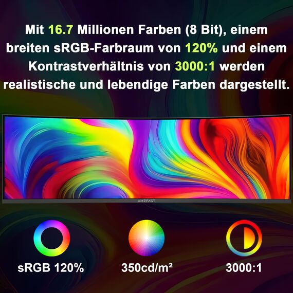 Amzfast 49 Zoll Curved Monitor 120Hz, DQHD(5120x1440), 32:9 Ultrawide PC Bildschirm, Eyes-Care, 1MS MPRT, 1500R, Adaptive Sync, sRGB 120%, HDMI 2.0 * 2/DP 1.4 * 2, VESA 75x75, PBP/Pip, AZMG49C7U