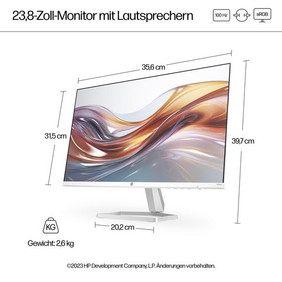 HP Series 5 524sa FHD IPS Monitor mit Lautsprechern | 60,5 cm (23,8 Zoll) | 100Hz | 16:9 | 1500:1 Kontrast | 99% sRGB | HDMI 1.4 | VGA | Entspiegelt | Neigung -5°+25° | Nachhaltig produziert | Weiß