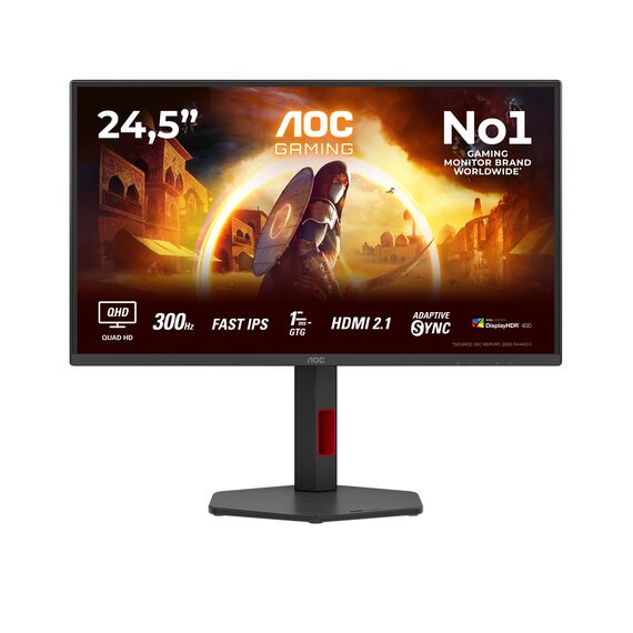 AOC Q25G4SR 24.5 Zoll WQHD Gaming Monitor, 300Hz, Fast IPS Panel, 0.3ms MPRT, Adaptive Sync, HDR400, G-Sync Compatible, Höhenverstellung,Lautsprecher,(2560x1440 HDMI 2X 2.1 DP 1x 1.4) Schwarz
