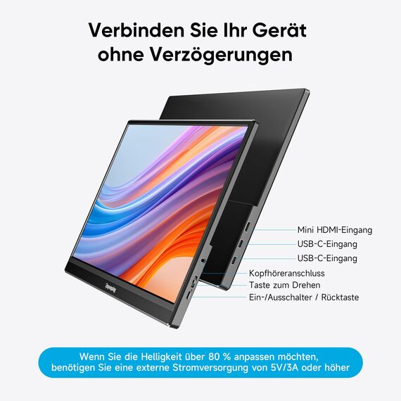 Dopesplay 15,6" Portable Monitor, 1080P FHD Tragbarer Monitore mit Kickstand, Mobiler IPS Bildschirm mit Lautsprechern, Ultra-Dünner Zweitbildschirm für Laptop/PC/Mac/PS45/Switch-USB-C/HDMI Anschluss