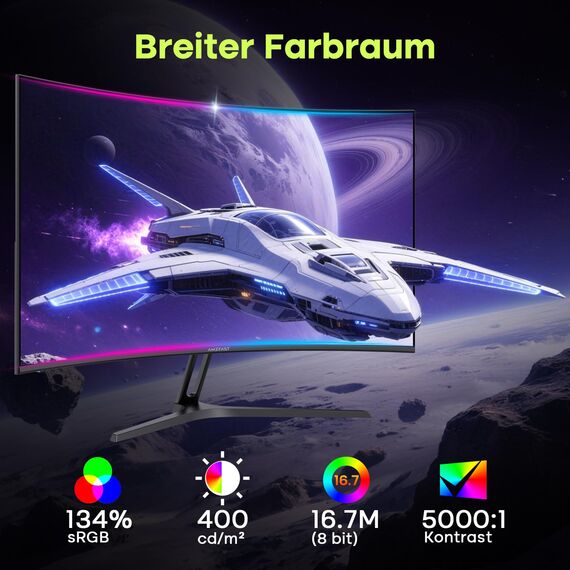 Amzfast Curved Gaming Monitor 27 Zoll - 200Hz, QHD 2560x1440, 1500R, 1ms MPRT, Adaptive Sync, 97% DCI-P3 | 5000:1 Kontrast, HDR, 400 cd/m², VESA 100×100, HDMI 2.0×2, DP 1.4×2 - AMZG27C1Q