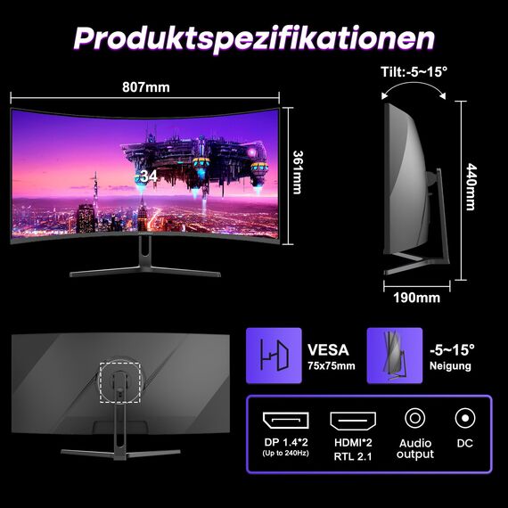 Amzfast 34 Zoll Curved Gaming Monitor, 3440x1440 UWQHD, 240Hz, 21:9 VA Panel, 1500R, 1ms MPRT, Adaptive Sync, HDR, DCI-P3 98%, sRGB 130%, Pip/PBP, HDMI2.1 & DP1.4, VESA 75x75mm, AMZG34C5Q Pro
