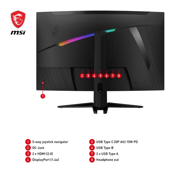 MSI MAG 325CQRXFDE 31,5 Zoll WQHD Curved Gaming Monitor - 1000R, 2560 x 1440 Rapid VA Panel, 240 Hz / 1ms, 115% sRGB, DisplayHDR 400, Adaptive Sync, Mystic Light - DP 1.4a, HDMI 2.0, USB Typ-C