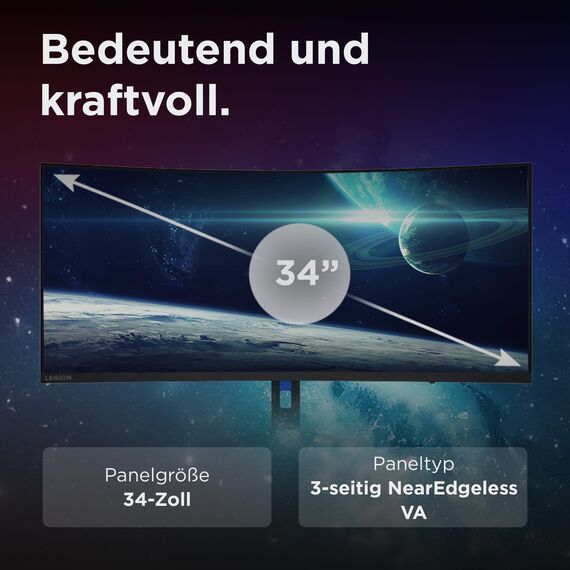 Lenovo Legion R34w-30 | 34" UWQHD Curved Gaming Monitor | 3440x1440 | 180Hz | 350 nits | 0,5ms Reaktionszeit | VA-Panel | HDMI | DisplayPort | AMD FreeSync Premium | entspiegelt | 8,1kg | schwarz