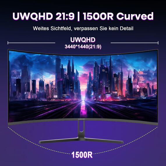 Amzfast 34 Zoll Curved Gaming Monitor, 3440x1440 UWQHD, 240Hz, 21:9 VA Panel, 1500R, 1ms MPRT, Adaptive Sync, HDR, DCI-P3 98%, sRGB 130%, Pip/PBP, HDMI2.1 & DP1.4, VESA 75x75mm, AMZG34C5Q Pro