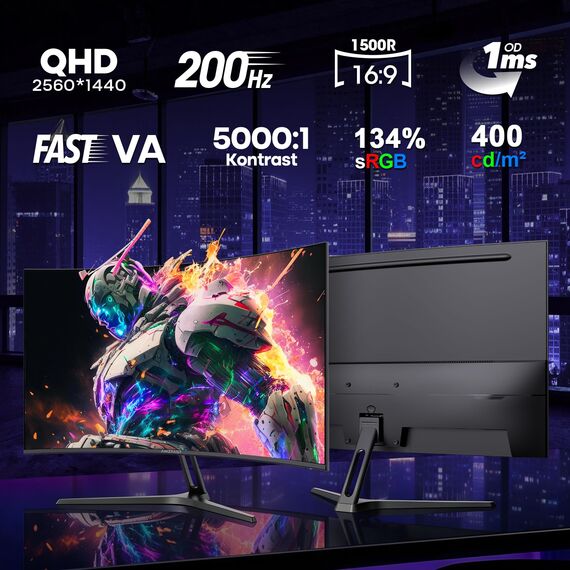 Amzfast Curved Gaming Monitor 27 Zoll - 200Hz, QHD 2560x1440, 1500R, 1ms MPRT, Adaptive Sync, 97% DCI-P3 | 5000:1 Kontrast, HDR, 400 cd/m², VESA 100×100, HDMI 2.0×2, DP 1.4×2 - AMZG27C1Q