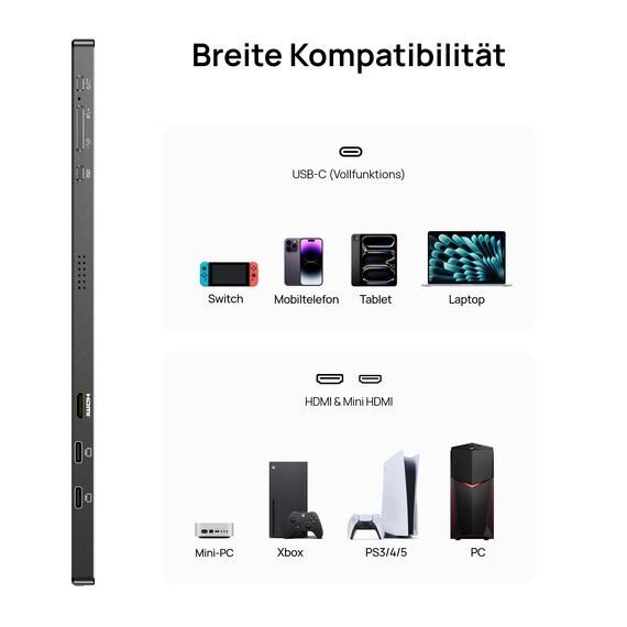 ARZOPA Portable Monitor 17.3 Zoll Großer Tragbarer Monitor mit FHD HDR IPS Display & Standfuß, Perfekt als USB-C und HDMI Zweitbildschirm für Laptop, PC, Smartphone, PS5, Xbox