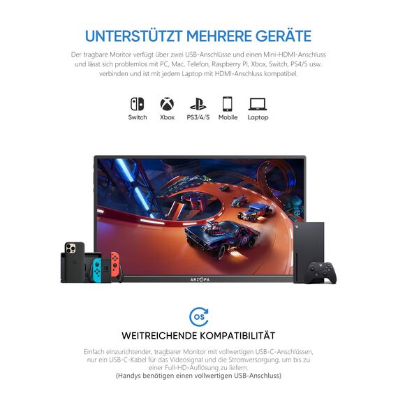 ARZOPA Portable Monitor, 14.0 Zoll 1920×1080 FHD IPS Tragbarer Monitor für Laptop mit Einzelstange, Unterstützt HDMI/Typ-C/USB-C, Augenschutz-Gaming-Bildschirm für Laptop/PC/Mac/PS3/4/5/Xbox