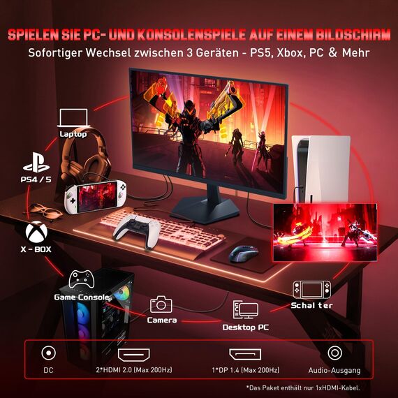 Minifire 24.5 Zoll FHD Gaming Monitor - 200Hz 1ms mit Fast IPS Panel | 1080P PC Monitor Gaming mit AMD Free Sync,120% sRGB,Deutsche Rheinzertifizierung Eye Care | HDMI 2.0 * 2 & DP 1.4 * 1 (MFG25X1)