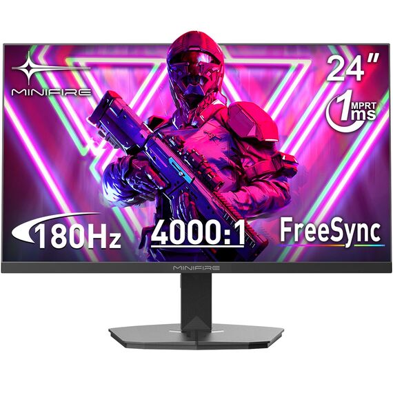 Minifire Gaming Monitor 24 Zoll, 180 Hz, 1ms, FreeSync, Full HD(1920 x 1080), Rahmenlos Bildschirm, Einstellbar, Low Blue Light, HDR 10,300Nits, sRGB 110%, 4000:1 Kontrast, HDMI 2.0&DP 1.2(MFG24F4L)