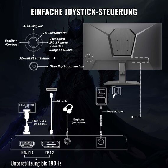 Minifire Gaming Monitor 24 Zoll, 180 Hz, 1ms, FreeSync, Full HD(1920 x 1080), Rahmenlos Bildschirm, Einstellbar, Low Blue Light, HDR 10,300Nits, sRGB 110%, 4000:1 Kontrast, HDMI 2.0&DP 1.2(MFG24F4L)