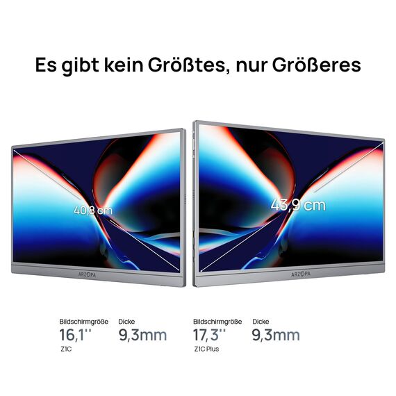 ARZOPA Tragbarer Monitor, 17,3 Zoll, Grau, 1080P FHD 103% sRGB IPS Gaming-Monitor Laptop-Monitor mit integriertem Ständer, HDMI, USB C, externer Bildschirm für PC, Mac, Handy, Xbox, PS5 - Z1C Plus