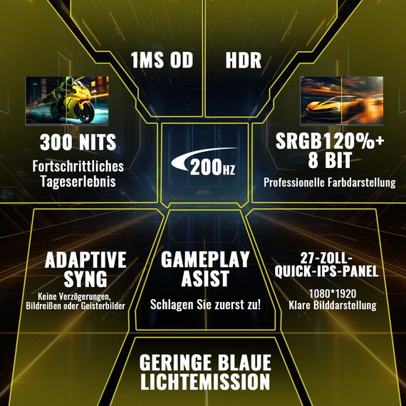 Minifire 27 Zoll Gaming Monitor, 200Hz, 1ms, IPS, PC Gaming Computer Monitor, FHD 1080P, sRGB120%, AMD FreeSync, HDMI＆DP Anschlüsse, Blacklevel Adjust, VESA Kompatibel Schwarz (MFG27F2-200)