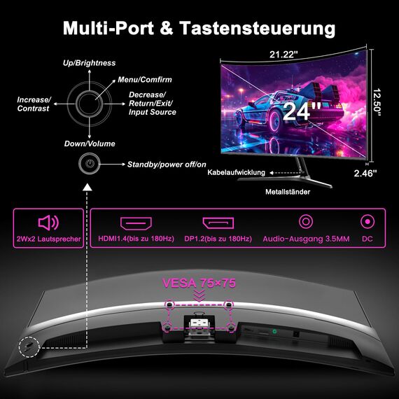 Minifire 24 Zoll Curved Gaming Monitor 180Hz, 1ms, FHD PC Bildschirm 1500R, Mit Lautsprechern, FreeSync, HDR, 130% sRGB, Rahmenlos, HDMI1.4/DP1.2 Ports -Schwarz (MFG24C1 mit HDMI-Kabel)