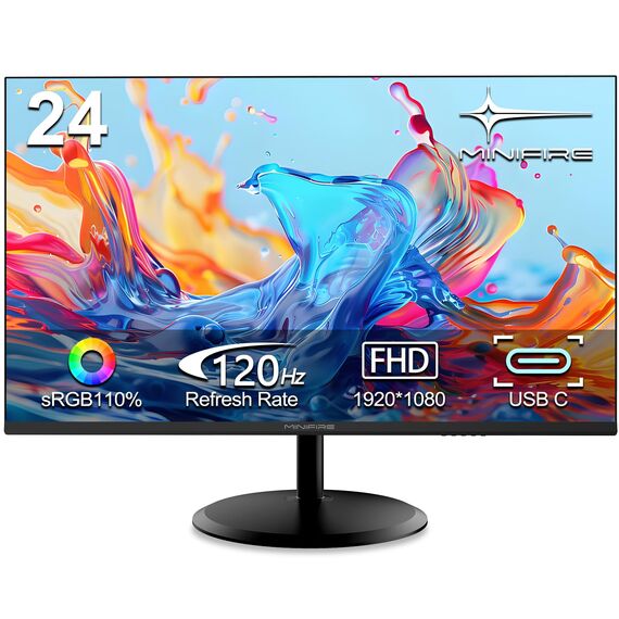 Minifire 24 Zoll USB-C Monitor (1920×1080 FHD, 120Hz, VA, 5ms) - mit FreeSync, Rahmenlos Design, sRGB 110% und Augenschutz, HDMI 1.4&USB-C 2.5W (MF24X3AC)