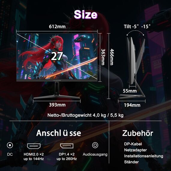 Minifire 27 Zoll Gaming Monitor, 260Hz, 2K QHD 1440P 1ms Adaptive Sync, sRGB 130%, HDR10, 2×DP1.4, 2×HDMI 2.1(TMDS) Wandbefestigung (MFG27F4Q Pro)