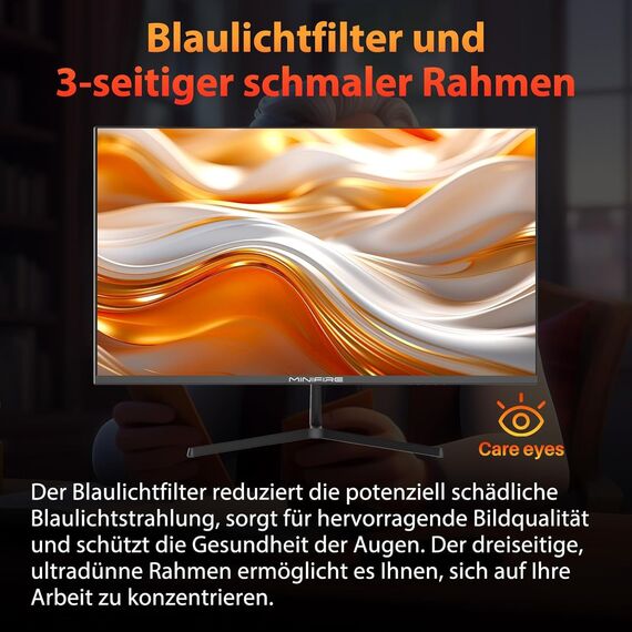 Minifire 27 Zoll Monitor WQHD(2560x1440), IPS, 1ms, FreeSync, 100% sRGB, 75Hz, ltradünner Rahmen, HDMI DP, USB-C Ports, 2 Jahre Garantie -Schwarz