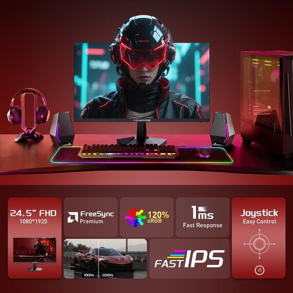 Minifire 24.5 Zoll FHD Gaming Monitor - 200Hz 1ms mit Fast IPS Panel | 1080P PC Monitor Gaming mit AMD Free Sync,120% sRGB,Deutsche Rheinzertifizierung Eye Care | HDMI 2.0 * 2 & DP 1.4 * 1 (MFG25X1)