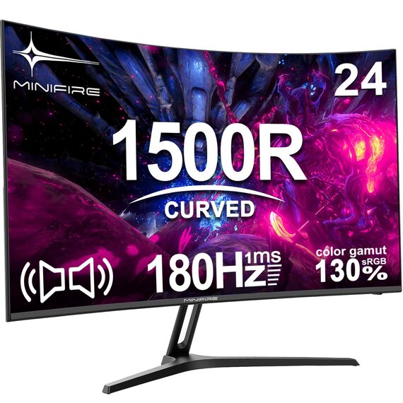 Minifire 24 Zoll Curved Gaming Monitor 180Hz, 1ms, FHD PC Bildschirm 1500R, Mit Lautsprechern, FreeSync, HDR, 130% sRGB, Rahmenlos, HDMI1.4/DP1.2 Ports -Schwarz (MFG24C1 mit HDMI-Kabel)