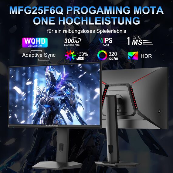 Minifire 24.5 Zoll Gaming Monitor 300Hz/240Hz,QHD (2560 * 1440) höhenverstellbare,MPRT 1ms with 8 bit Fast IPS Panel,sRGB 136%, HDMI 2.1 （FRL/VRR,Pip/PBP,Adaptive Sync