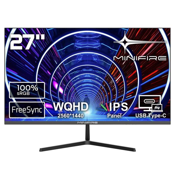 Minifire 27 Zoll Monitor WQHD(2560x1440), IPS, 1ms, FreeSync, 100% sRGB, 75Hz, ltradünner Rahmen, HDMI DP, USB-C Ports, 2 Jahre Garantie -Schwarz
