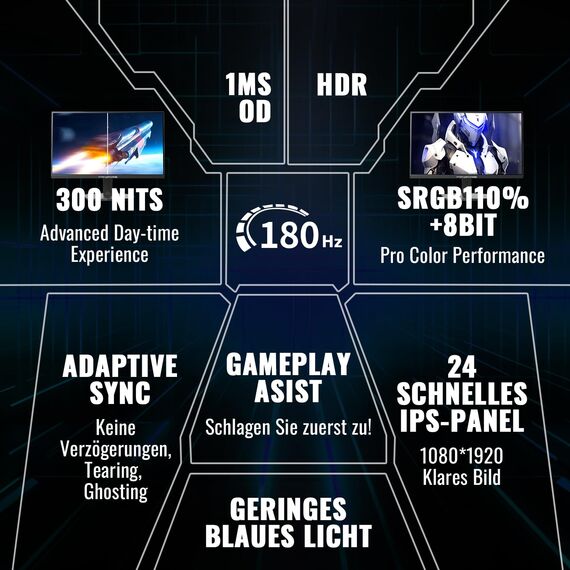 Minifire Gaming Monitor 24 Zoll, 180 Hz, 1ms, FreeSync, Full HD(1920 x 1080), Rahmenlos Bildschirm, Einstellbar, Low Blue Light, HDR 10,300Nits, sRGB 110%, 4000:1 Kontrast, HDMI 2.0&DP 1.2(MFG24F4L)