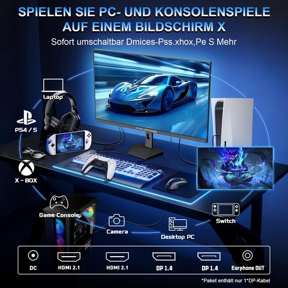 Minifire 24.5 Zoll Gaming Monitor 300Hz/240Hz,QHD (2560 * 1440) höhenverstellbare,MPRT 1ms with 8 bit Fast IPS Panel,sRGB 136%, HDMI 2.1 （FRL/VRR,Pip/PBP,Adaptive Sync