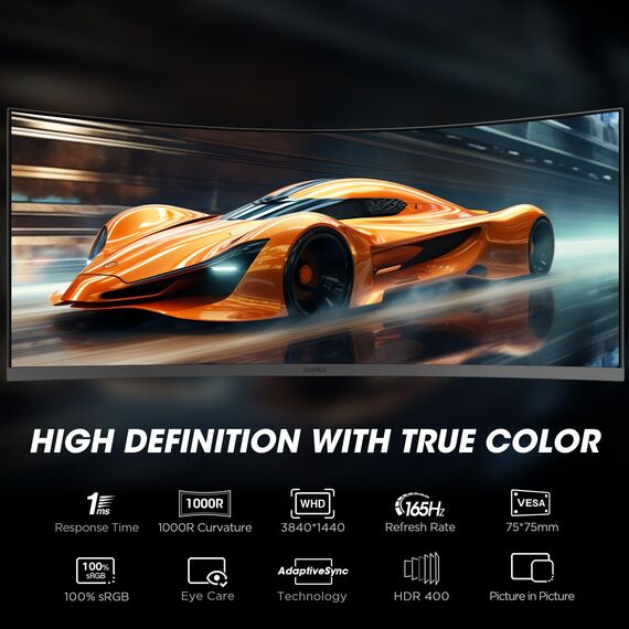 KOORUI 34E6UC 34 Zoll Ultrawide Curved Gaming Monitor, PC Bildschirm 180Hz, 1MS HDR 400, 1000R, UWQHD 3440x1440, Adaptive Sync, 2xHDMI & Display Port, VESA 75x75mm, DCI-P3 90% Höhenverstellbar
