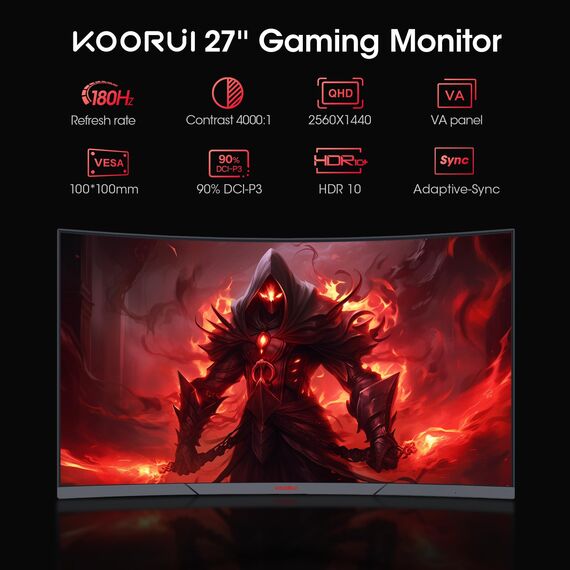 KOORUI Gaming Monitor 27 Zoll, 1500R Fläche Bildschirm 2560X1440 (QHD), 180HZ 1ms Mornitor, DCI-P3 90%, Ultradünne Blende, Einstellbare Neigung, Unterstützt HDMI/DP