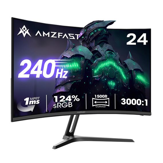 Amzfast 24 Zoll Curved Gaming Monitor 240Hz FHD, 1ms MPRT, Adaptive Sync, 130% sRGB, 97% DCI-P3, HDMI 2.0 + DP 1.4, VESA 75x75, Blaulichtfilter – AMZG24C1 Pro