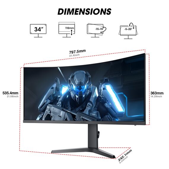 KOORUI 34E6UC 34 Zoll Ultrawide Curved Gaming Monitor, PC Bildschirm 180Hz, 1MS HDR 400, 1000R, UWQHD 3440x1440, Adaptive Sync, 2xHDMI & Display Port, VESA 75x75mm, DCI-P3 90% Höhenverstellbar