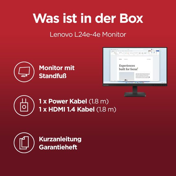 Lenovo L24-4e | 23.8" Full HD WLED Monitor | 1920x1080 | 16:9 | 100 Hz | 4ms Reaktionszeit | IPS-Panel | HDMI | VGA Anschluss | Entspiegelt | Raven schwarz | 3 kg
