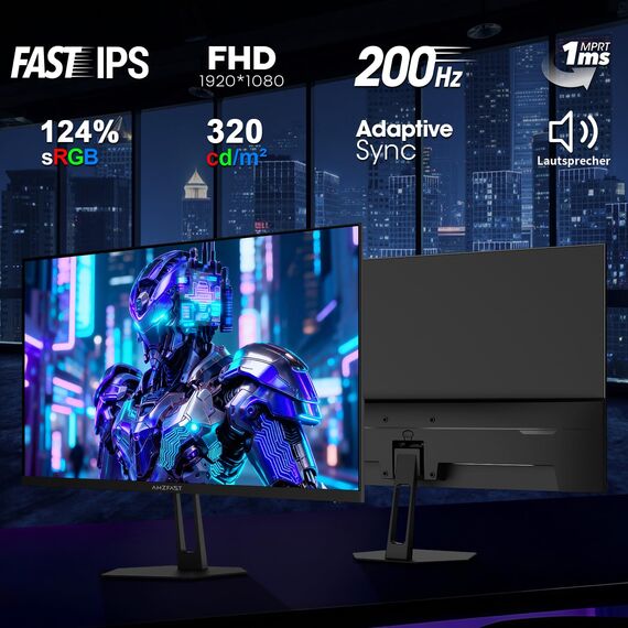 Amzfast Gaming Monitor 25 Zoll - 200Hz Fast IPS, FHD 1920x1080, 1ms MPRT, 124% sRGB, 320 cd/m², HDR, Integrierte Lautsprecher, VESA 75x75, HDMI 2.0/DP 1.4 - AMZG25X1