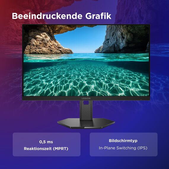 Lenovo Legion 27QD-10 | 27" QHD WLED Gaming Monitor | 2560x1440 | 16:9 | 240Hz | 0.5ms Reaktionszeit | USB-C | HDMI | USB-A | Jack 3.5mm | IPS-Panel | Standfuß | TÜV | schwarz | 5.6 kg