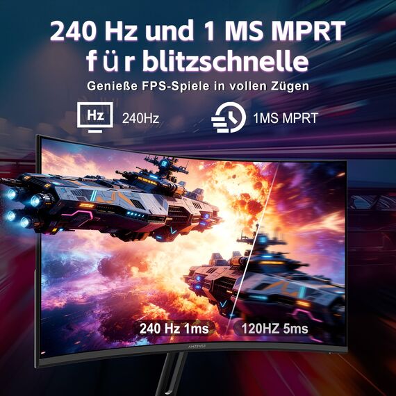 Amzfast 24 Zoll Curved Gaming Monitor 240Hz FHD, 1ms MPRT, Adaptive Sync, 130% sRGB, 97% DCI-P3, HDMI 2.0 + DP 1.4, VESA 75x75, Blaulichtfilter – AMZG24C1 Pro