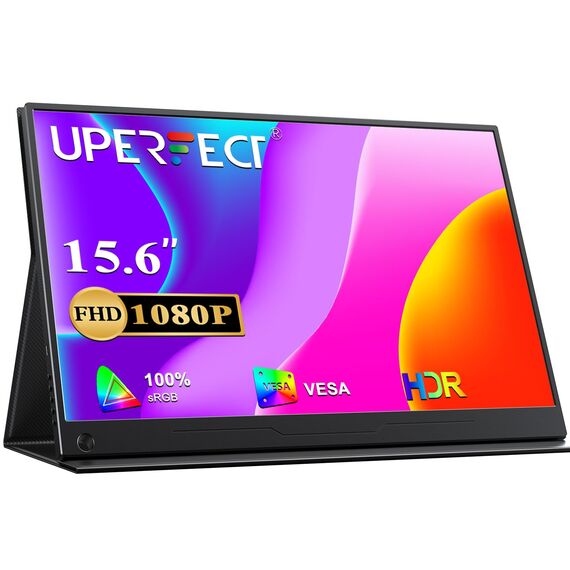 UPERFECT Portable Monitor 15,6 Zoll Tragbarer Monitor 1920 x 1080 Full HD IPS Bildschirm mit HDMI USB C für Laptop PC Handy PS4/5 Switch mit Schutzhülle, VESA-kompatibel, Schwarz