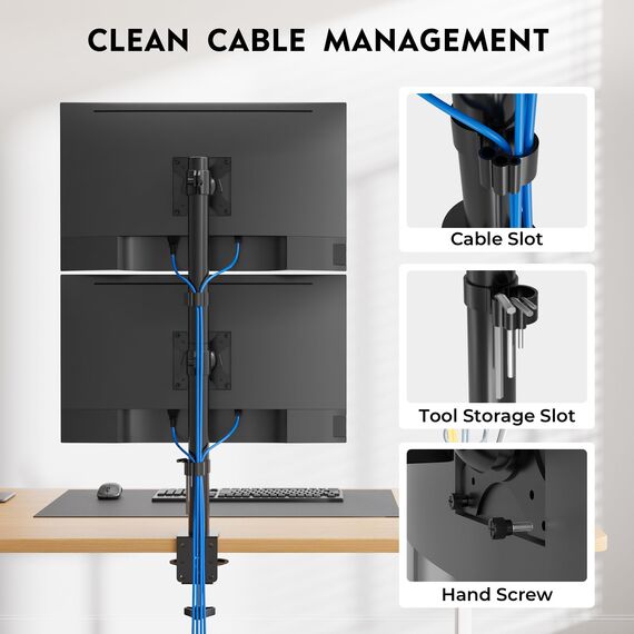 BONTEC Dual-Monitor Halterung für 13-34 Zoll, Höhenverstellbar, Drehbar, Max. 10kg pro Monitor, VESA Kompatibel, Kabelmanagement, C-Klemme & Durchgangsmontage, Ergonomisch für Homeoffice & Gaming