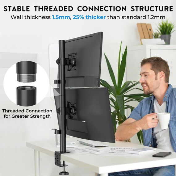 BONTEC Dual-Monitor Halterung für 13-34 Zoll, Höhenverstellbar, Drehbar, Max. 10kg pro Monitor, VESA Kompatibel, Kabelmanagement, C-Klemme & Durchgangsmontage, Ergonomisch für Homeoffice & Gaming