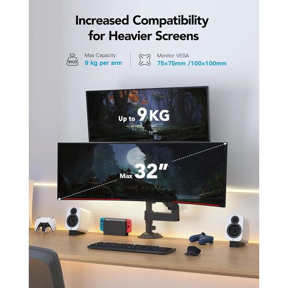HUANUO Monitor Halterung 2 Monitore für 13-32 Zoll Bildschirm, Gaming Monitorhalterung 2 Monitore Höhenverstellbar mit 9KG Pro Arm, Bildschirmhalterung Neigbar Schwenkbar, VESA 75/100mm