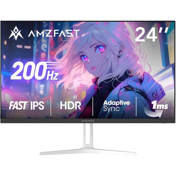 Amzfast 24 Zoll Gaming Monitor-200Hz, FHD 1920x1080, Fast IPS Monitor, 1ms MPRT, 110% sRGB, Anti-Blaulicht, HDR, Adaptive Sync, VESA 100x100, HDMI 2.0/DP 1.4, Weiß- AMZG24X1W