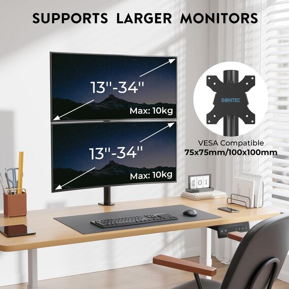 BONTEC Dual-Monitor Halterung für 13-34 Zoll, Höhenverstellbar, Drehbar, Max. 10kg pro Monitor, VESA Kompatibel, Kabelmanagement, C-Klemme & Durchgangsmontage, Ergonomisch für Homeoffice & Gaming