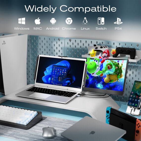 Teamgee Laptop Monitor erweiterung, 14" FHD 1080P IPS Portable Monitor für Laptop, Eingebauter Stand/Lautsprecher, Dual Screen für 13“-17“ Laptops, Plug & Play Geeignet für Mac, Wins, Android