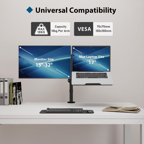 BONTEC Monitor Halterung mit Laptop Arm für 13-32 Zoll LCD LED Bildschirm bis zu 15,6“ Notebook, Neigbare, Drehbare, Monitor Laptop Halterung Schreibtisch mit Klammer, VESA 75x75-100x100mm