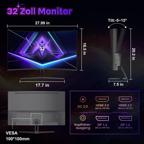Amzfast Gaming Monitor 32 Zoll Curved – 180Hz, 2K QHD 2560x1440,1ms MPRT, DCI-P3 93%,sRGB 125%, Fast VA 1500R, Adaptive Sync, VESA 100x100mm, HDMI 2.0×2 & DP 1.4×2, AMZG32C1Q