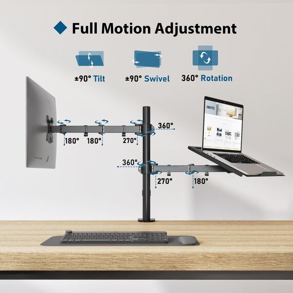 BONTEC Monitor Halterung mit Laptop Arm für 13-32 Zoll LCD LED Bildschirm bis zu 15,6“ Notebook, Neigbare, Drehbare, Monitor Laptop Halterung Schreibtisch mit Klammer, VESA 75x75-100x100mm