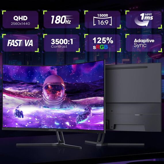 Amzfast Gaming Monitor 32 Zoll Curved – 180Hz, 2K QHD 2560x1440,1ms MPRT, DCI-P3 93%,sRGB 125%, Fast VA 1500R, Adaptive Sync, VESA 100x100mm, HDMI 2.0×2 & DP 1.4×2, AMZG32C1Q
